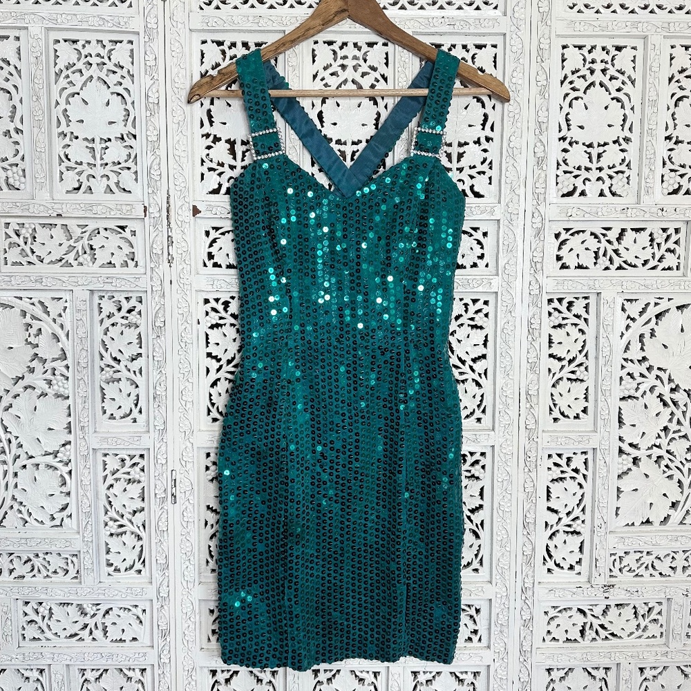 Vintage Teal Green‎ Fully Sequined Cocktail Party Homecoming Mini Dress Sz XS